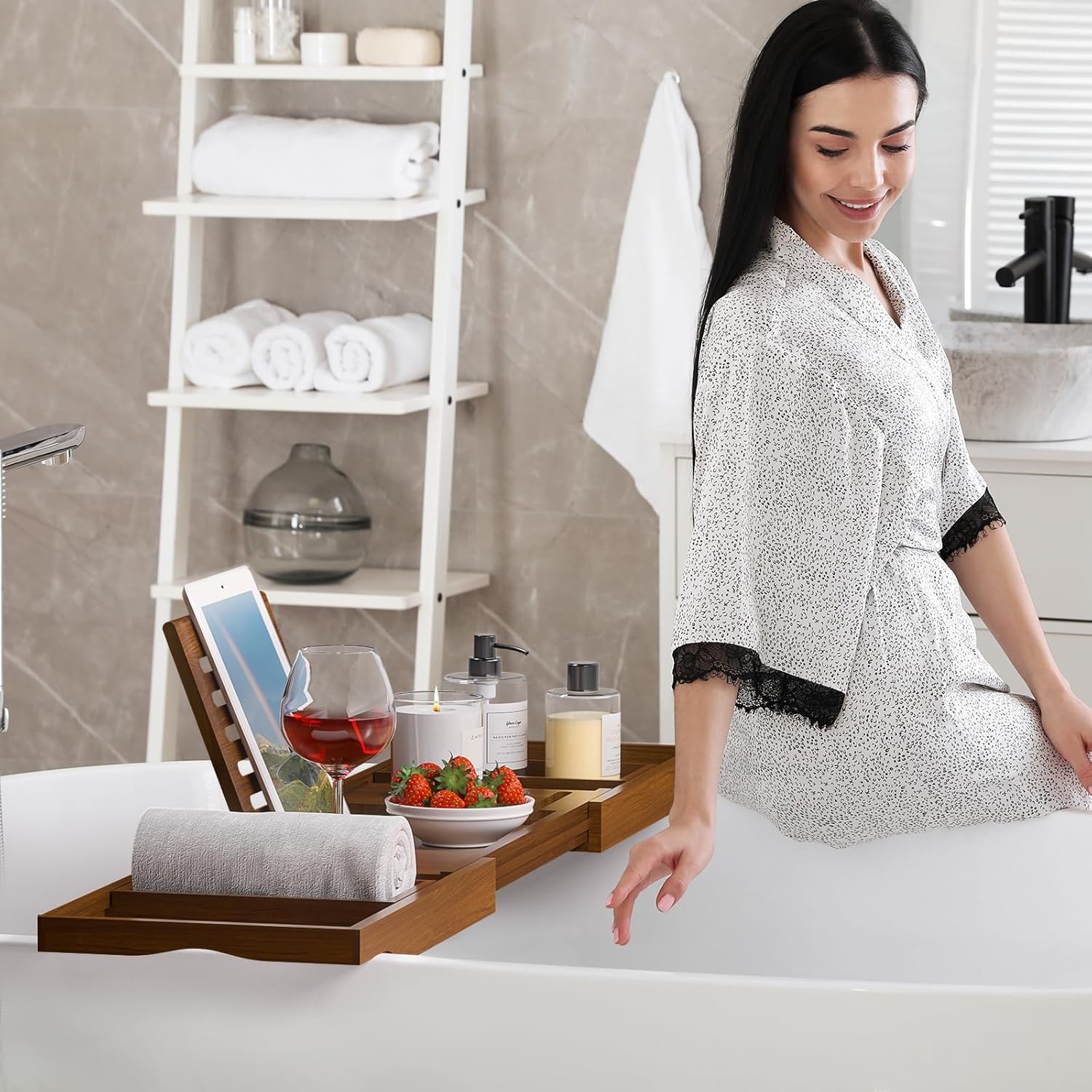 Wooden Bathtub Tray for Luxury Bathroom, Expandable Premium Teak Bath Tray, Adjustable Bath Accessories for Tub, as Unique Housewarming, Holiday, Birthday Gifts