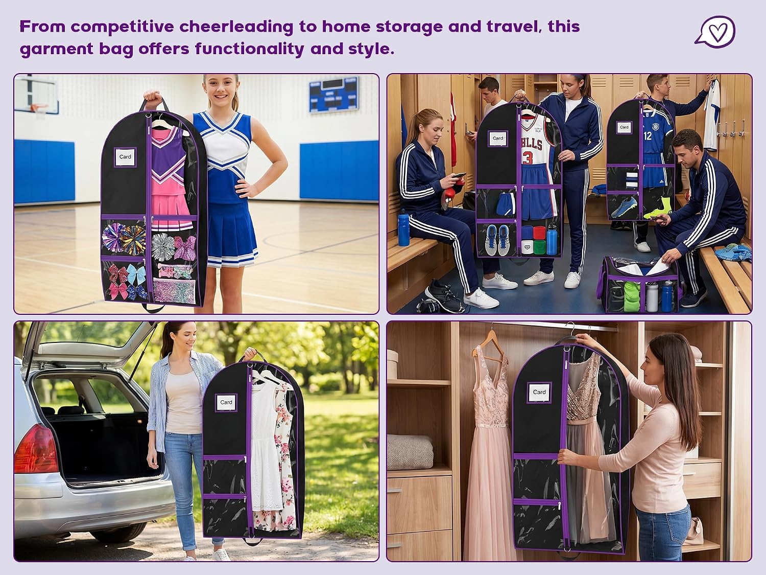 Dance Garment Bags for Dancers, 40" Garment Bags for Hanging Clothes with 3 Clear Zipper Pockets, Cheer Uniform Garment Bag for Suits, Travel & Sports Jersey, Cheer Uniform (Purple, 1Pack 40")