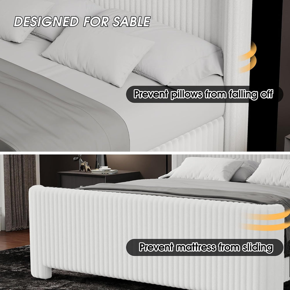 Ihanherry Queen Size Bed Frame with Faux-Fur Curved Wingback Headboard & ...