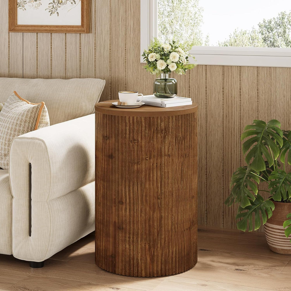 Solid Wood Round Side Table with Storage, No-Assembly Fluted End Table with 4...