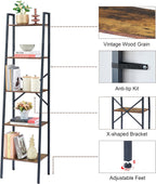 Hoctieon Industrial Ladder Bookshelf, Multifunctional Ladder Shelf, 5-Tier Tall Bookshelf, Open Ladder Shelf Bookcase, for Living Room, Home Office, Kitchen, Bedroom, Metal Frame, Rustic Brown