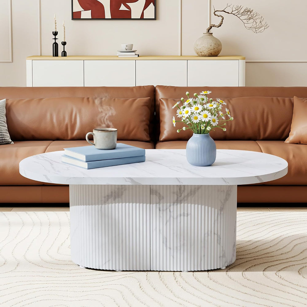 Modern 42.5" Oval Faux Marble Coffee Table, White Fluted Textured Base L...