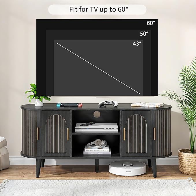 51" Fluted TV Stand, Mid-Century Modern Entertainment Center for Tvs up to 60" with Drawers and Fluted Doors, Curved TV Media Console Table with Sliding Doors for Living Room, Bedroom (51" Black)