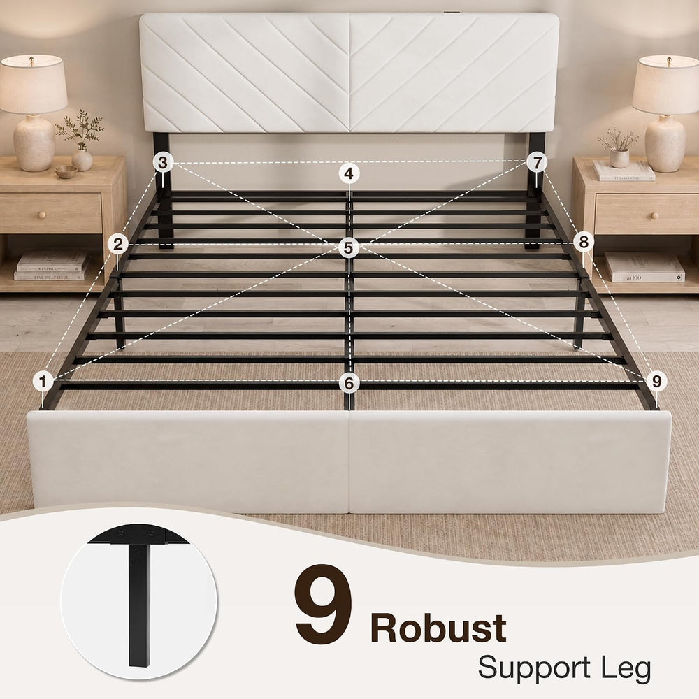 Queen Bed Frame with Adjustable Headboard, White Velvet Upholstered
