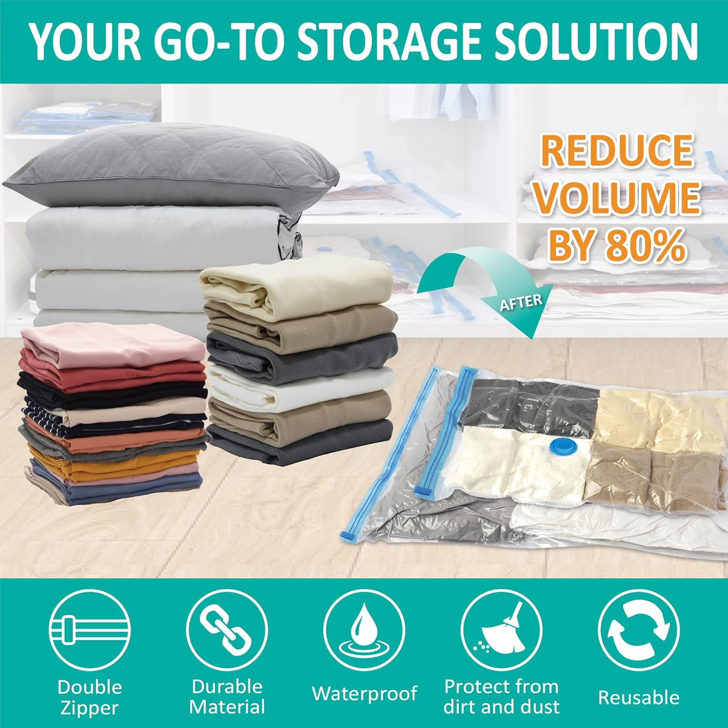 16 Pack Vacuum Storage Bags, Space Saver Bags (2Jumbo/2Large/3Medium/3Small/6Roll) Compression Storage Bags for Comforters and Blankets, Vacuum Sealer Bags for Clothes Storage, Hand Pump Included