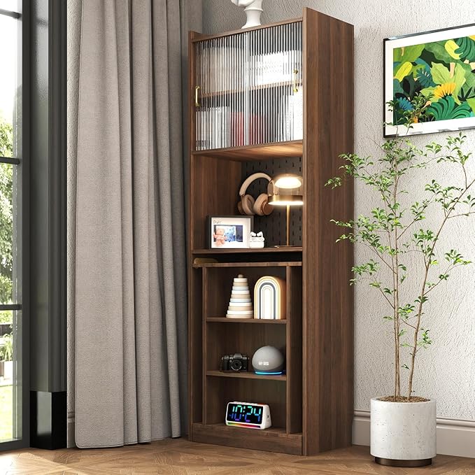 KEIKI Folding Home Office Desks with Pegboard, Glass Doors, Bookshelf & Storage Shelves, Modern Wooden Computer Table Workstation for Work, Study, Writing