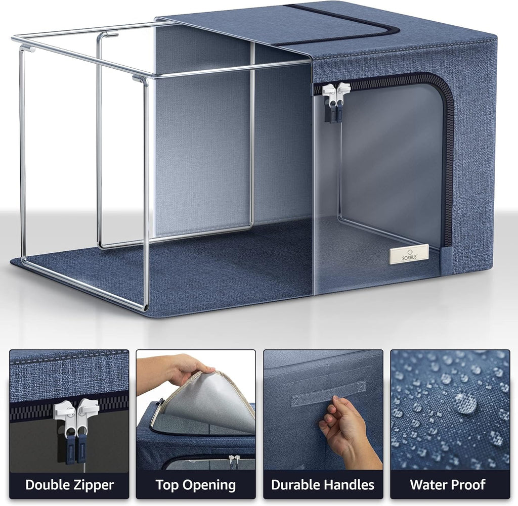 Sorbus Storage Bins with Metal Frame - Stackable & Foldable Clothes Organizer Bags - Oxford Fabric Storage Containers with Large Clear Window & Carry Handles Organization for Bedding Linen & Clothing