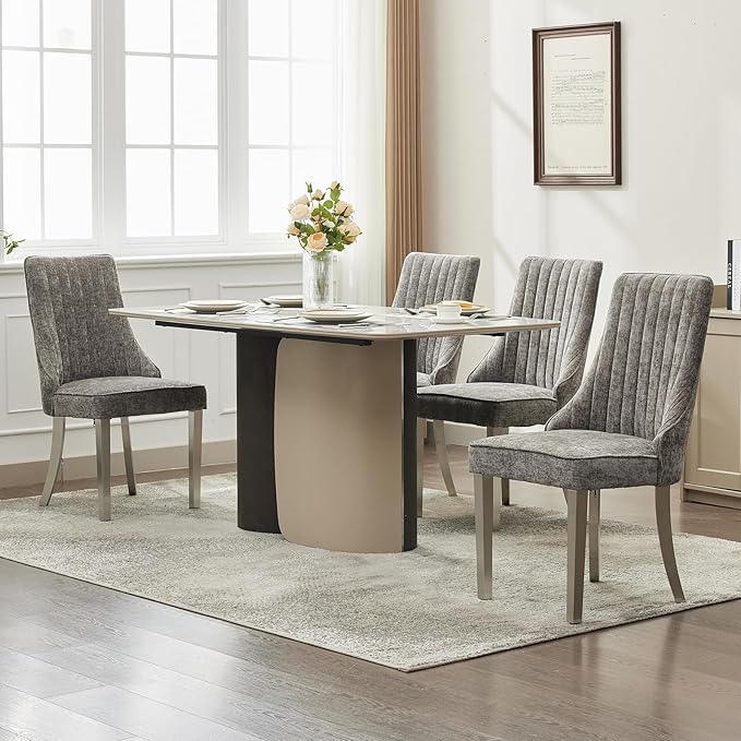 Grey Mid Century Dining Chairs Set of 8, Modern Kitchen & Dining Room Chairs Set of 8, Chenille Fabric Upholstered Kitchen Chairs for Dining Table, Sillas de Comedor, Silver Legs (Gray, 8 Pcs)