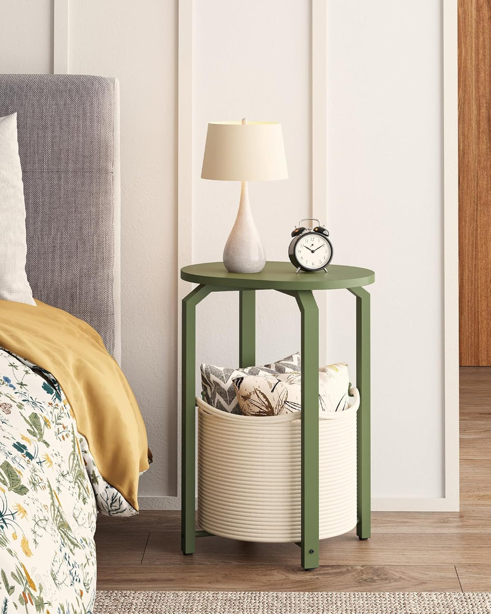 TUTOTAK Oval End Table with Woven Storage Basket, Olive Green Small Side Tabl...