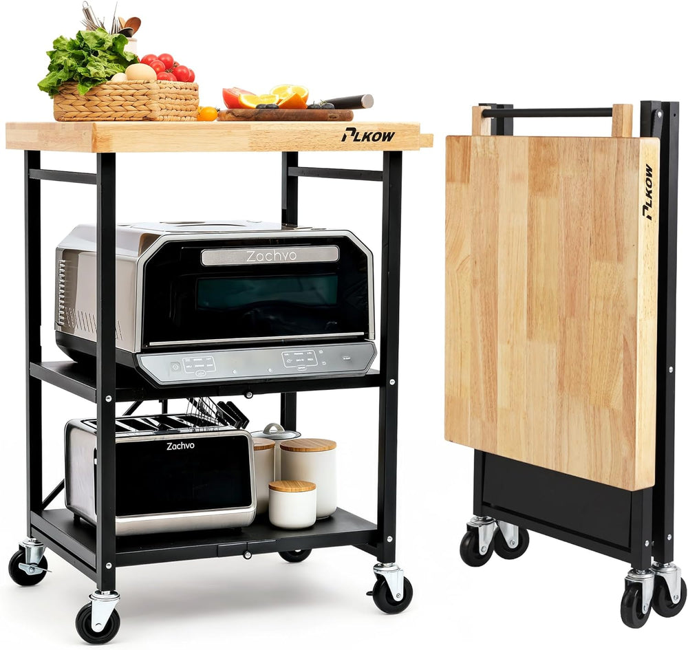 PLKOW Foldable 3-Tier Rolling Kitchen Cart with Solid Oak Top, Black | Solid ...