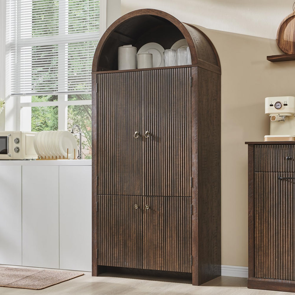 IFGET 71" Tall Arched Kitchen Pantry, Modern Fluted Storage Cabinet, Bro...