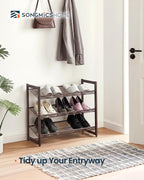 SONGMICS HOME 3-Tier Stackable Shoe Rack, Metal Shoe Organizer for Closet, Entryway, Garage, Flat or Slanted Mesh Shelves, Brown