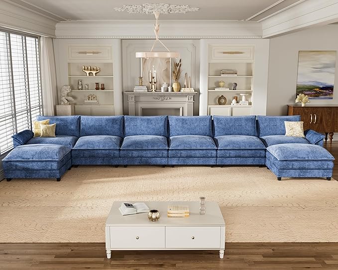 Homall 232" Modular Sectional Sofa, Oversized Sofa Couch with Reversible Ottoman, DIY Combination Chenille Deep 6-Seat Cloud Couch for Living Room, Apartment (Dark Blue, Oversized Sofa)