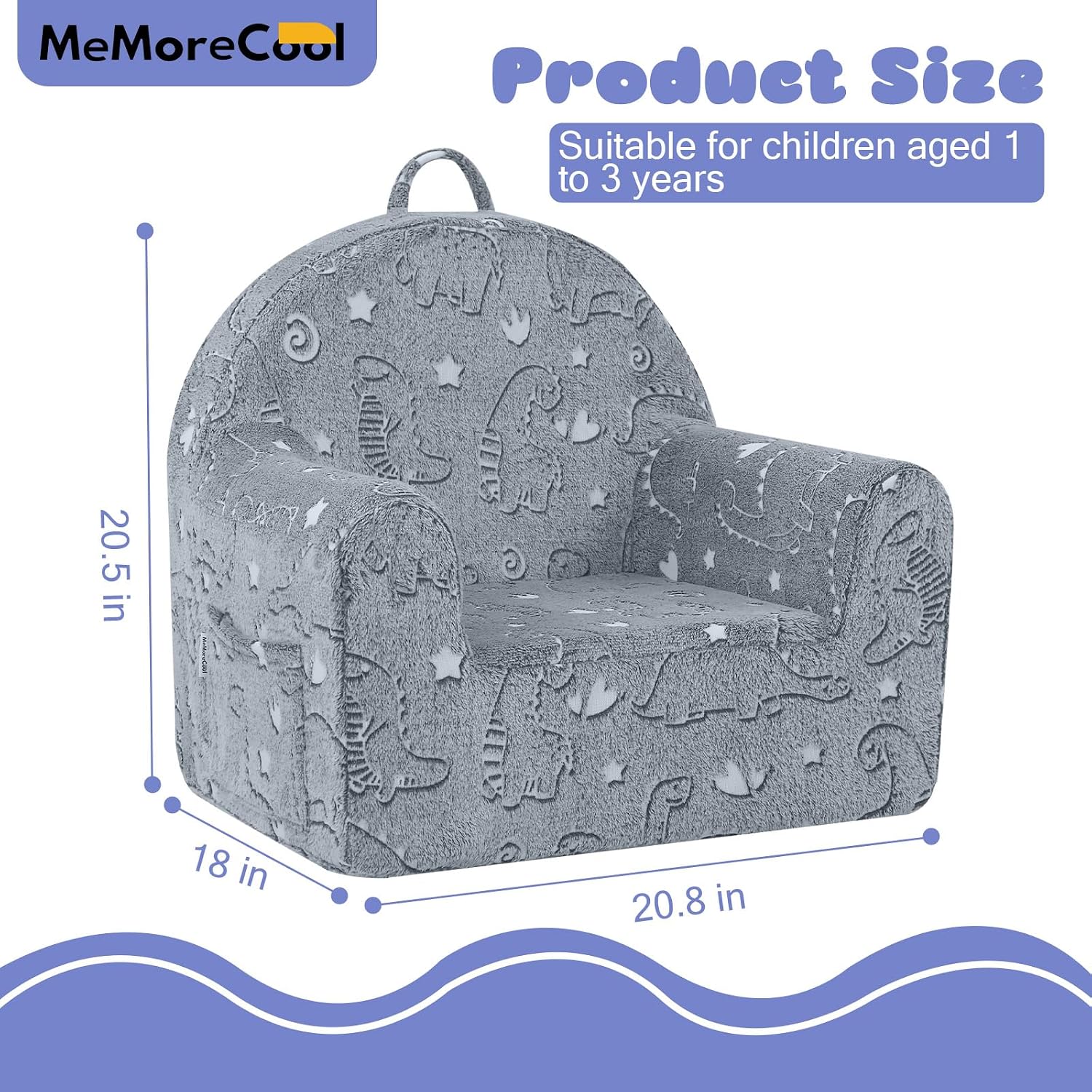 MeMoreCool Kids Chair, Glow Grey Dinosaur Kids Couch Sofa for Ages 3+ | Glow grey dinosaur kids chair, cozy foam armchair for reading corner, plush seat for playroom and kids room