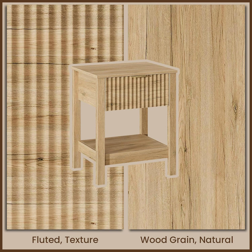 Fluted Night Stand with Golden Handle,Mid-Century Nightstands with Drawer,Modern Bedside Table with Storage Shelf,Large End Tables for Livingroom,Bed Side Tables for Bedroom,Natural Oak