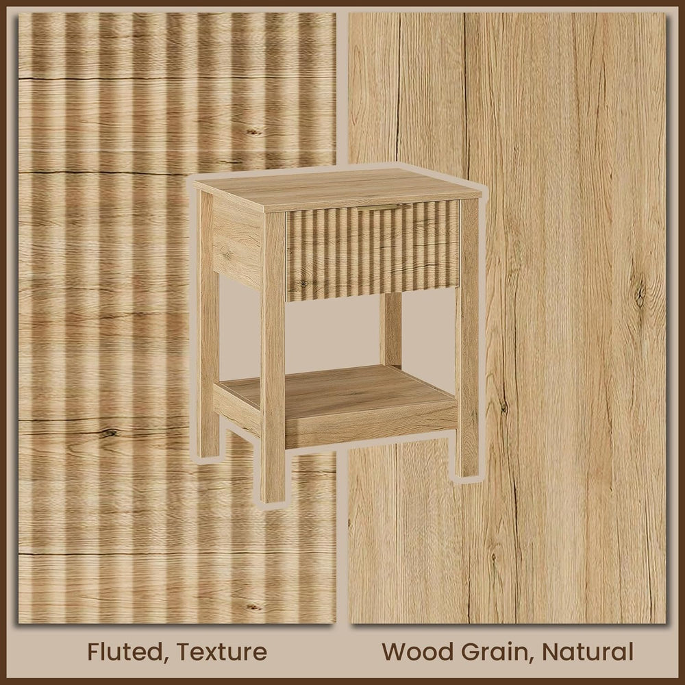 Fluted Night Stand with Golden Handle,Set of 2 Mid-Century Nightstands with D...