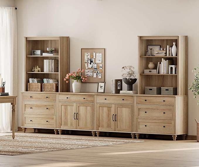 WAMPAT Entertainment Center with Bookshelves for TVs up to 75", Farmhouse Wall Unit TV Stand with Doors & Drawer, Media Console Table for Living Room, Bedroom & Home Theater, Oak