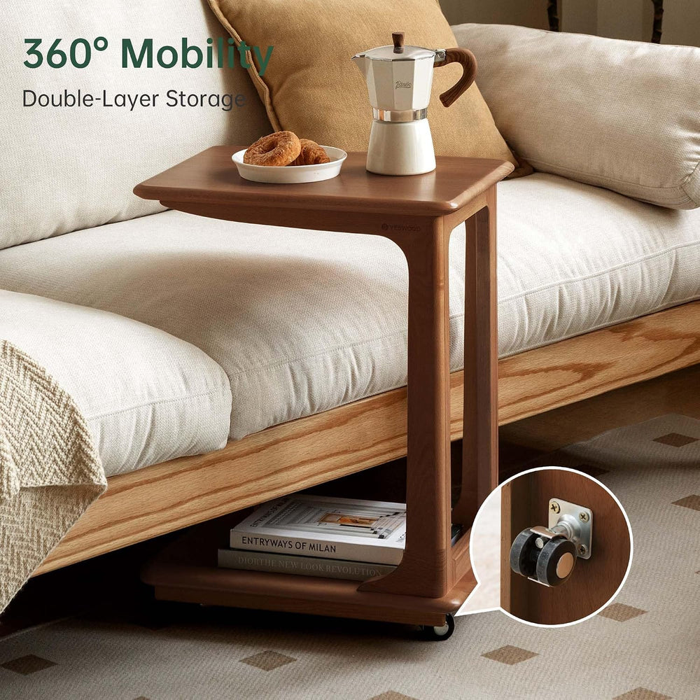 YESWOOD 100% Solid Wood C Shaped Side Table with Wheels, Small Side Table for...