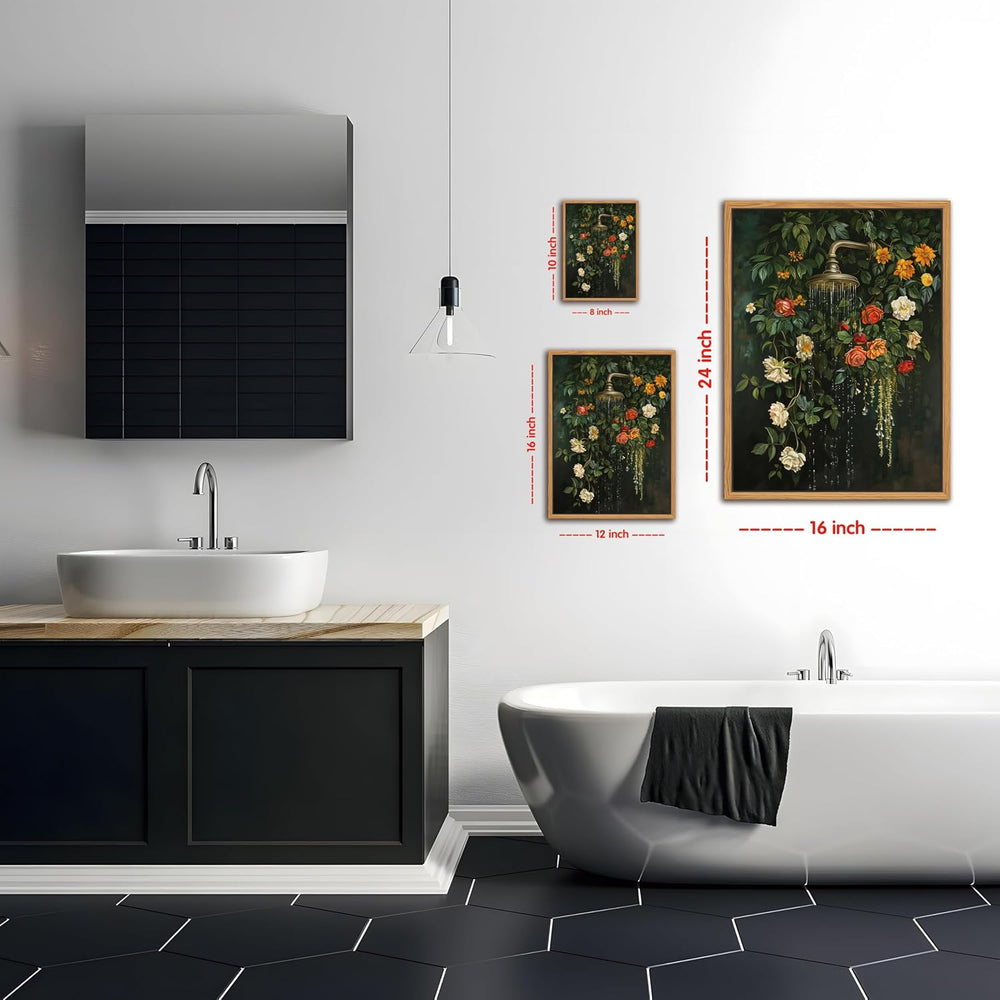 Floating Framed Floral Shower Wall Art, Vintage Botanical Flower Canvas Print...