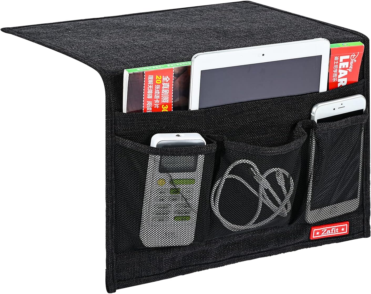 Linen 4 Pockets Bedside Caddy, Bedside Storage Organizer for Magazine, Remotes, Phone (Classic Black)