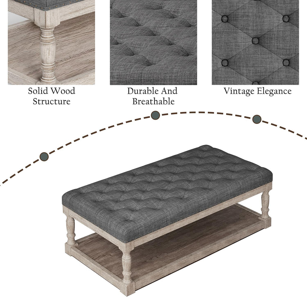 Ottoman Coffee Table, Large Rectangle Ottoman with Storage - Upholstered Cushioned Bench for Living Room, Tufted Linen Fabric with Solid Wood Shelf, Entryway Bench(Dark Gray)