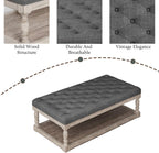 Ottoman Coffee Table, Large Rectangle Ottoman with Storage - Upholstered Cushioned Bench for Living Room, Tufted Linen Fabric with Solid Wood Shelf, Entryway Bench(Dark Gray)