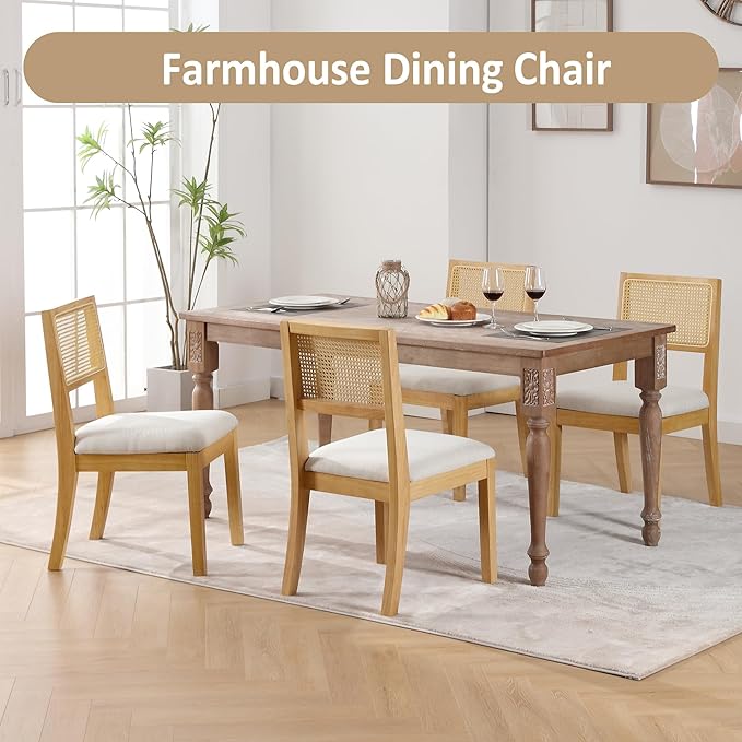 Westice Rattan Dining Chairs Set of 4, French Country Dining Room Chairs with Upholstered Cushion, Wood Armless Chairs for Kitchen/Restaurant