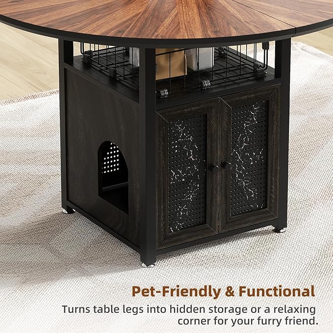 47" Round Dining Table Set for 4-6 People, Large Farmhouse Kitchen Dining Table Set with Chairs and Storage Rack, Metal Base Round Table for Home Dining Room Living Room (Cat table and 2 black chairs)