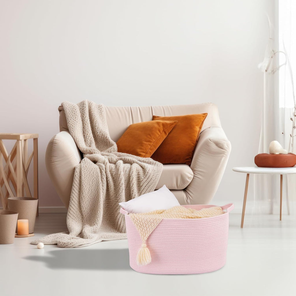 XUANGUO Large Rectangle Woven Cotton Rope Blanket Basket 22"x17"x12" Pink | Storage basket for nursery and living room; toy basket for kids, laundry basket for clothes and towels, or gift basket.