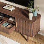 Fluted TV Stand, 62 Inch Mid Century Modern Media Console Table with Sliding Tambour Door Farmhouse Sideboard Buffet Cabinet Fits TVs up to 75 inch, Wood Entertainment Center for Living Room