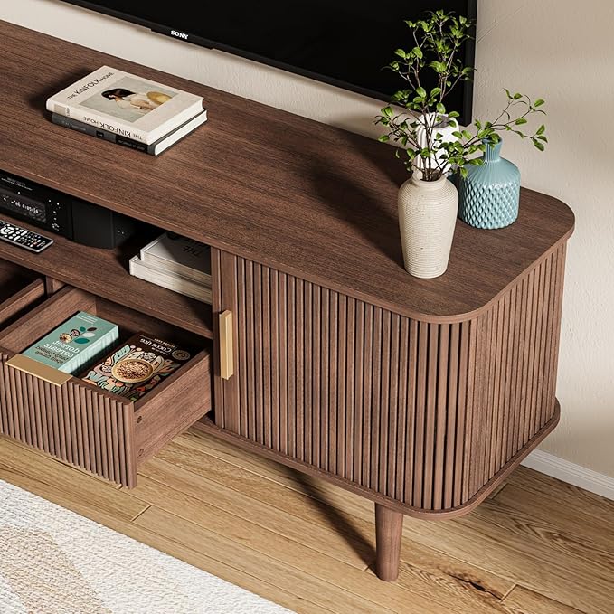 Fluted TV Stand, 62 Inch Mid Century Modern Media Console Table with Sliding Tambour Door Farmhouse Sideboard Buffet Cabinet Fits TVs up to 75 inch, Wood Entertainment Center for Living Room
