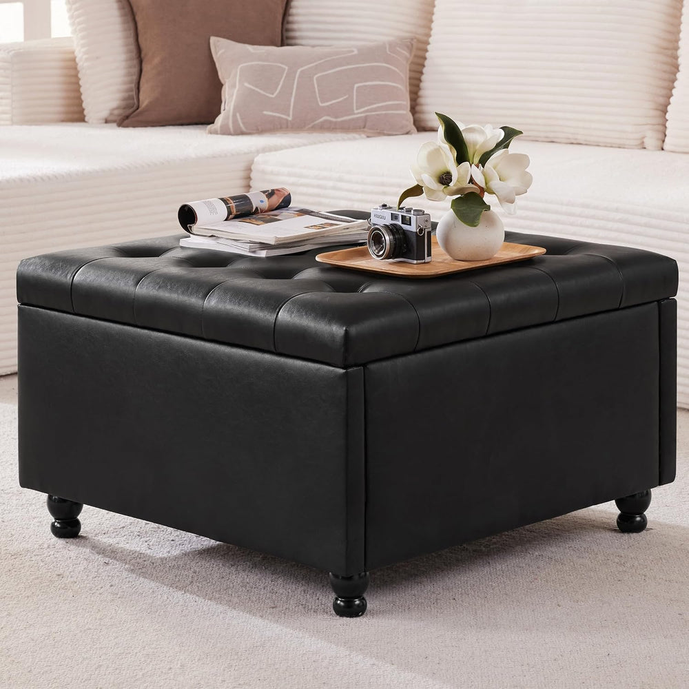 28" Large Square Ottoman with Storage, Leather Ottoman Coffee Table, Bla...
