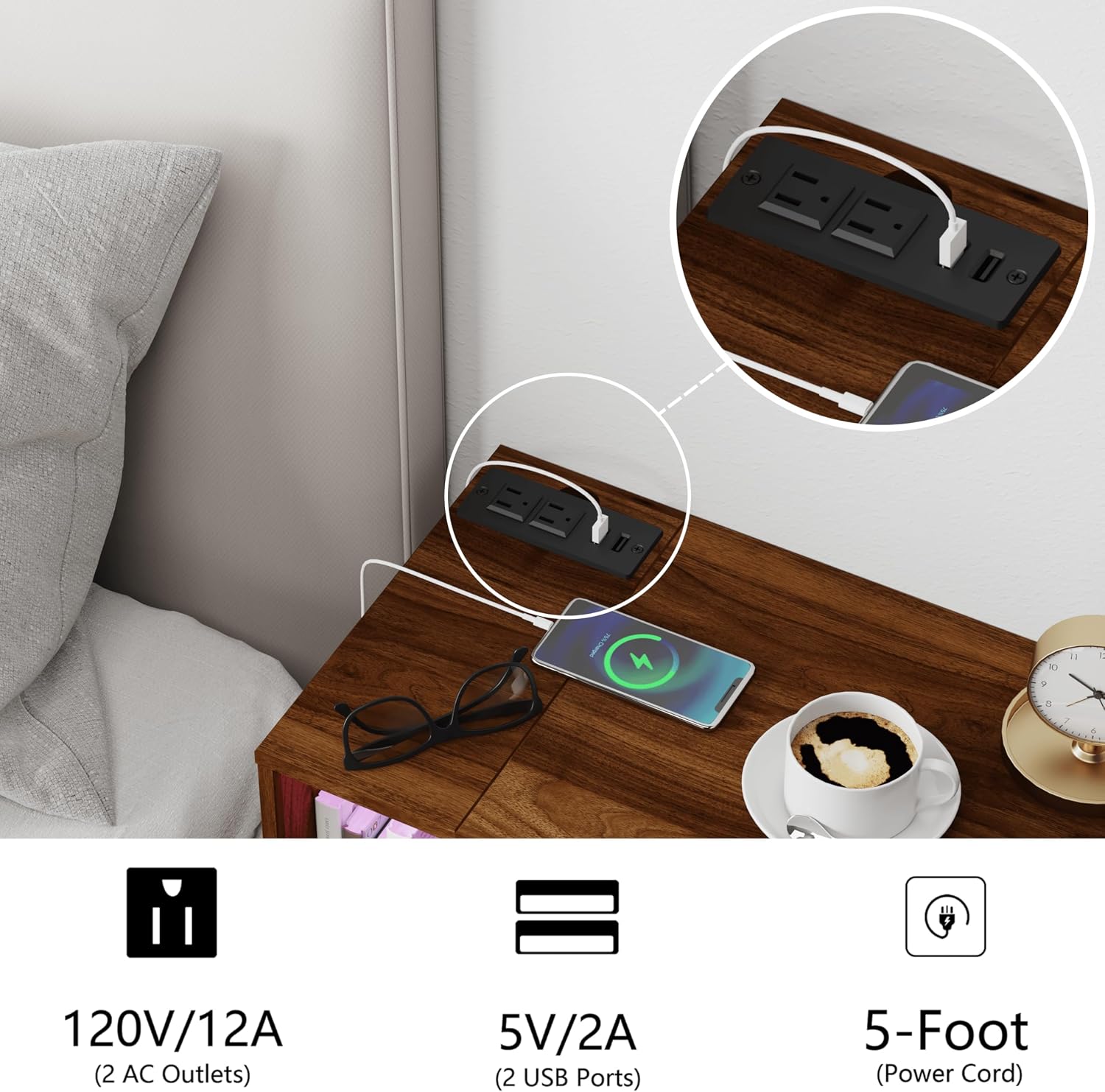 Veegle Floating Nightstand with Charging Station and LED Lights, Walnut Brown