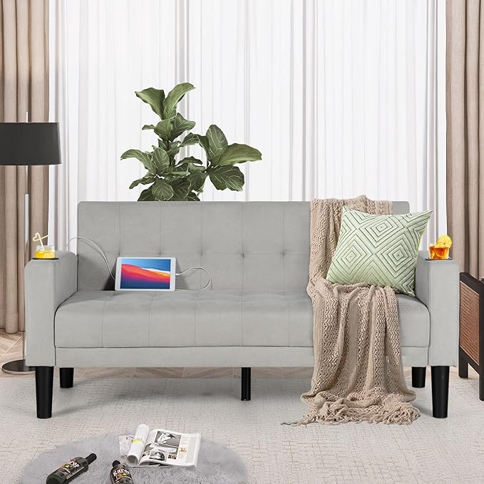 AILEEKISS 62" Loveseat Couches Upholstered Fabric Linen Love Seat Sofas Couch with 2 USB, Cup Holders, Side Pocket, Modern Tufted Sofa for Living Room, Office, Bedroom, Apartment (2-Seat, Light Grey)