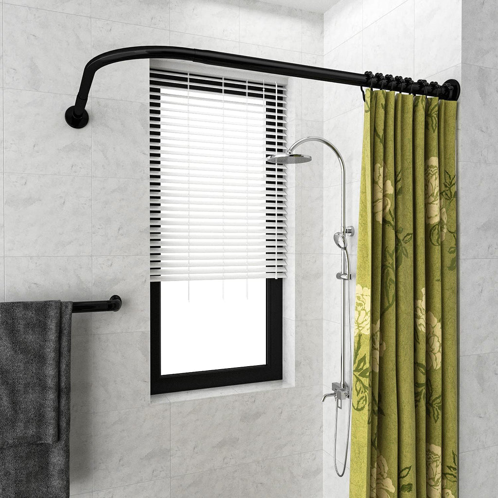 Adjustable Corner Shower Curtain Rod L Shaped Black Stretchable 304 Stainless 27"- 39"X47"- 65" Drill Free Install for Corner Bathtub with Free Hooks