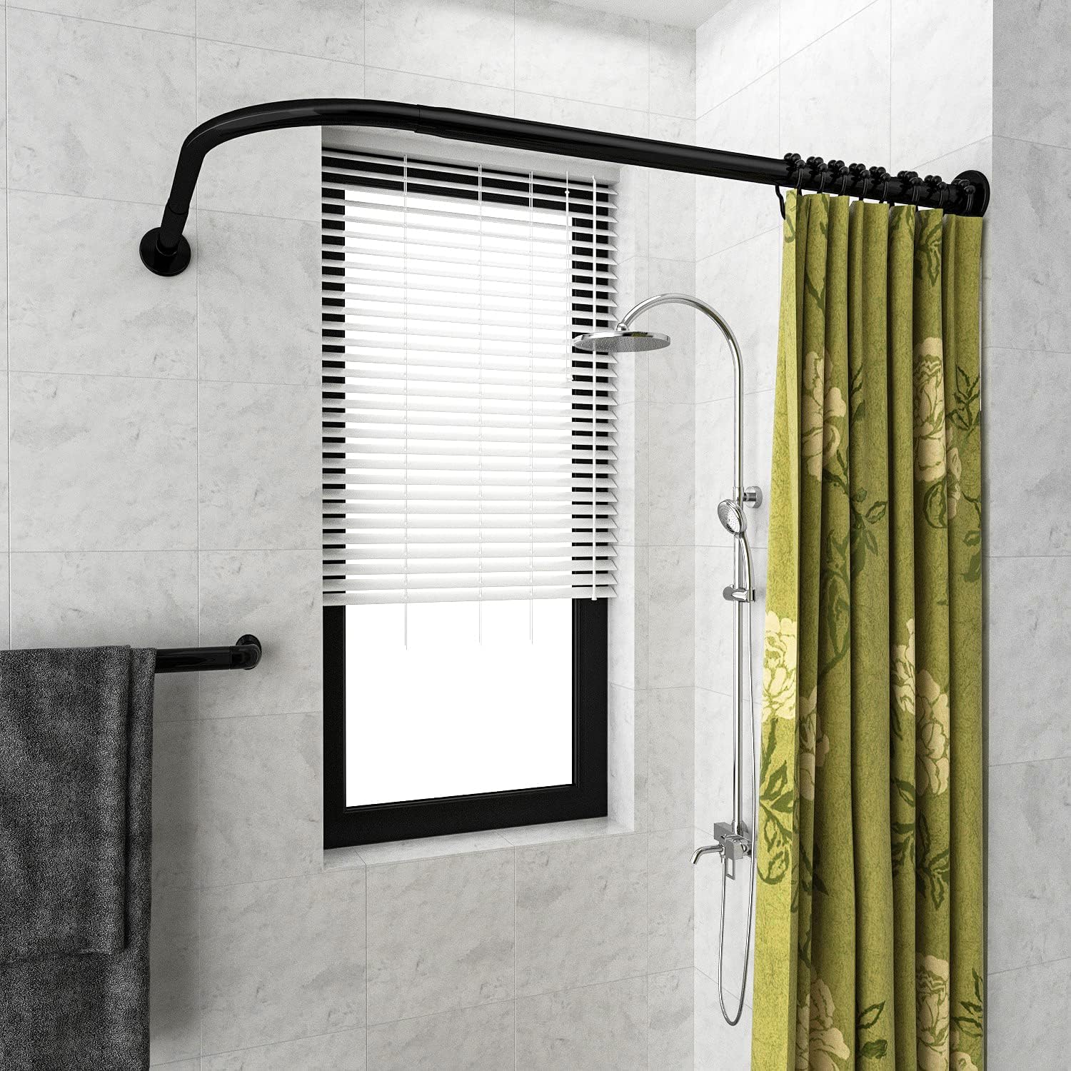Adjustable Corner Shower Curtain Rod L Shaped Black Stretchable 304 Stainless 27"- 39"X47"- 65" Drill Free Install for Corner Bathtub with Free Hooks