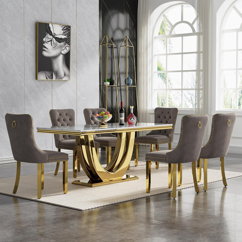 Modern Marble Dining Table Set for 6, White Dining Set with 68" Faux Mar...