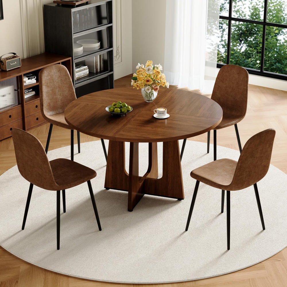 47" Round Dining Table Set for 4, Walnut Wood Grain Table and 4 Chairs Set