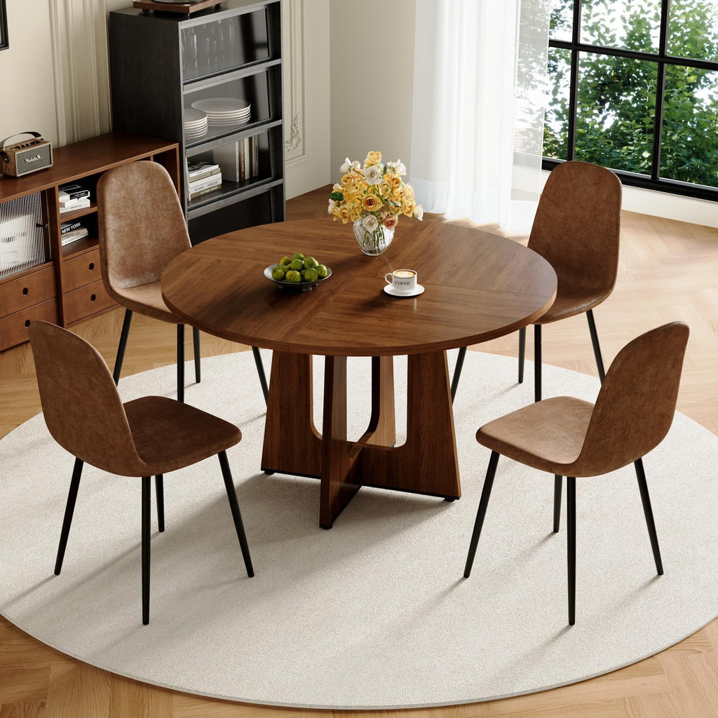 47" Round Dining Table Set for 4, Walnut Wood Grain Table and 4 Brown Suede Upholstered Chairs Set, Mid Century Modern Kitchen Table Set with Cross Legs