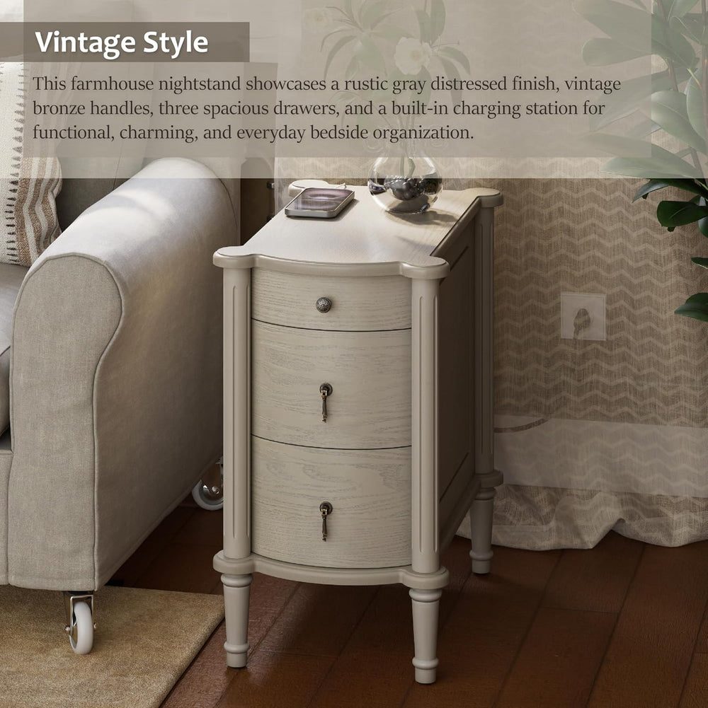 COZAYH Farmhouse 3 Drawer Nightstand with Charging Station, Bedside Table wit...