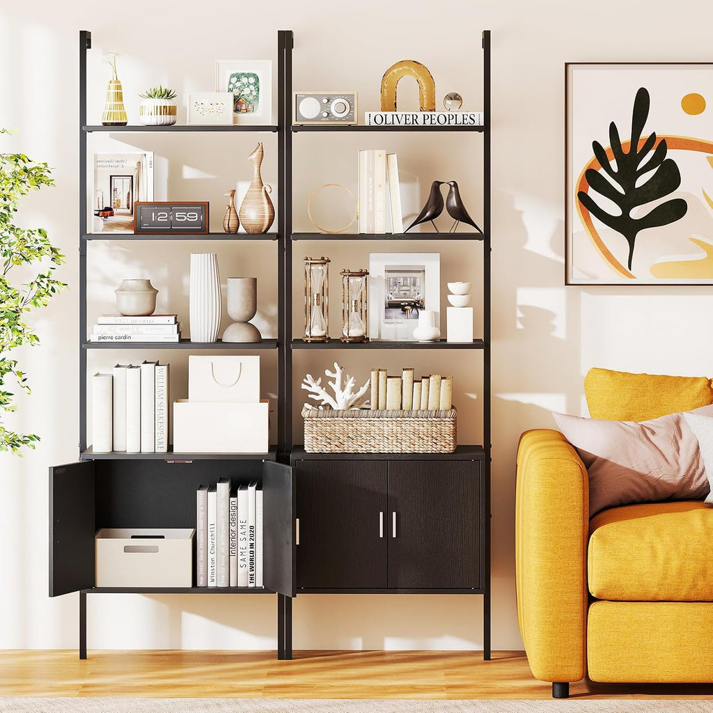 Giantex 72.5" Ladder Bookshelf with Cabinet, 5-Tier Tall Wall-Mounted Shelf w/Storage, Modern Style Kitchen Open Shelving Organizer, Heavy-Duty Metal Frame Display Rack for Living Room,Black