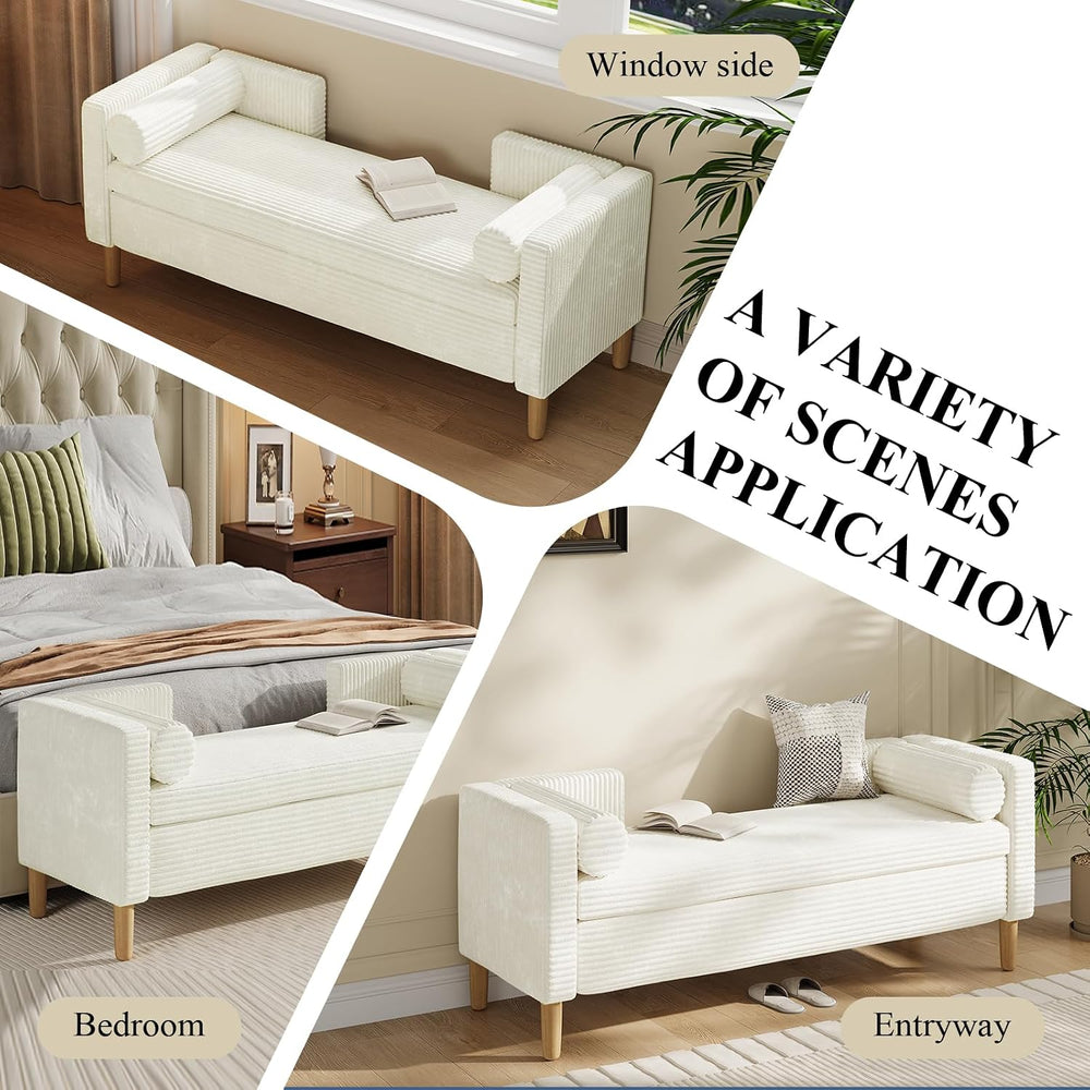 65.35" Storage Bench, Corduroy Upholstered End of Bed Bench with Bolster...