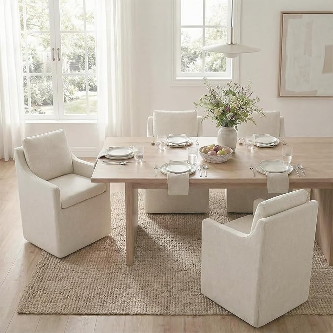 Upholstered Dining Chairs Set of 2, Modern Dining Room Chairs with Casters & Washable Cover, Rolling Accent Chair with Hidden Storage for Kitchen, Farmhouse, Living Room, Beige, 2 Box
