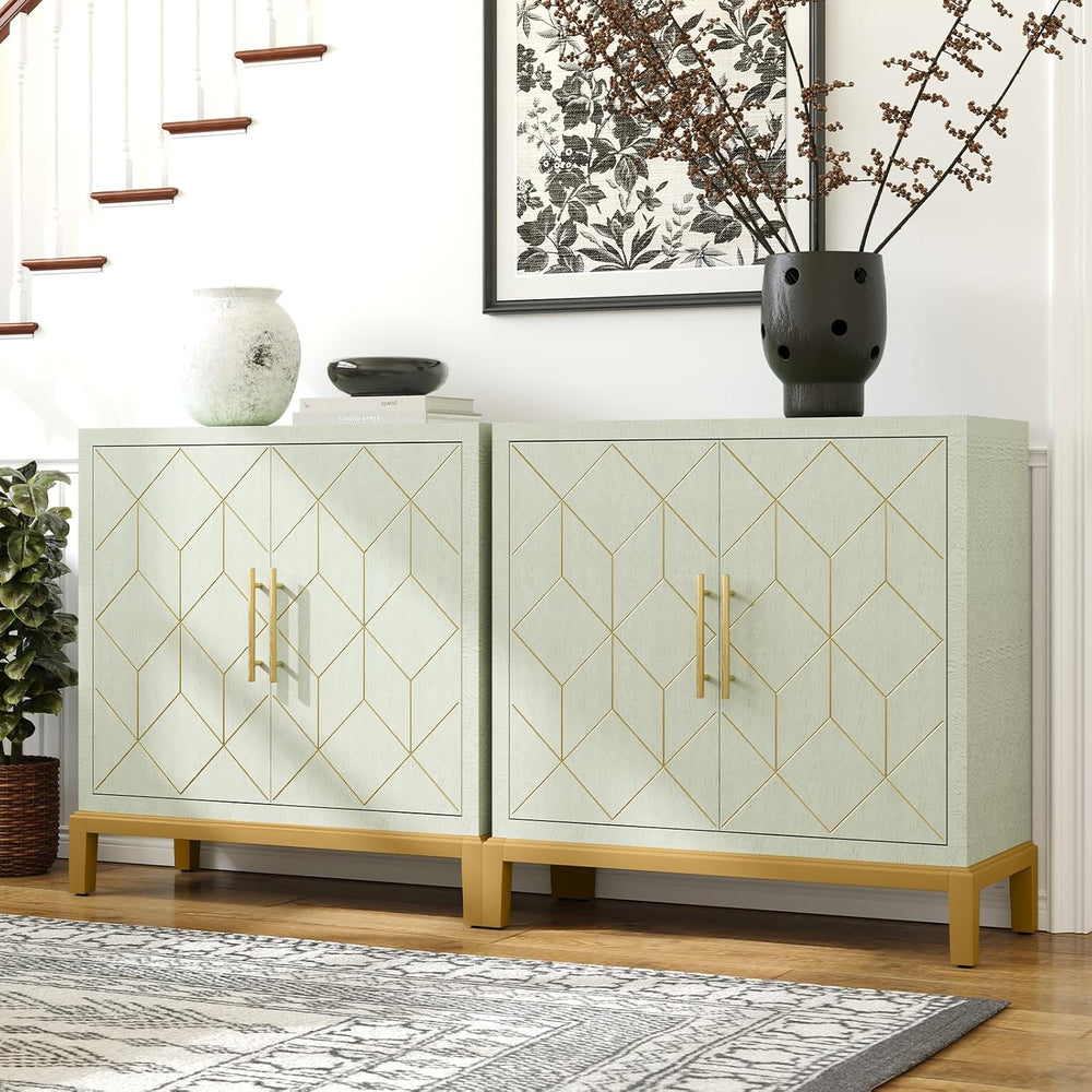 HLR Green Accent Cabinet with Gold Trim,Storage Cabinet with 2 Doors,Modern W...