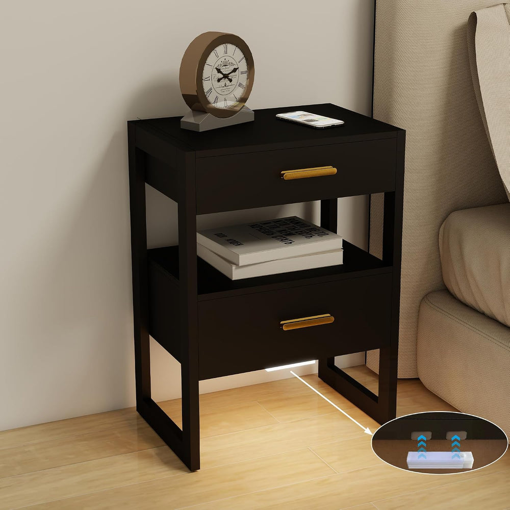 Wooden Nightstands Set of 2 with Motion Sensor Light & Storage Drawer, Mo...