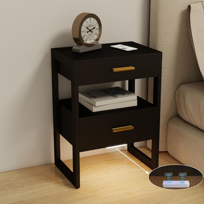 Wooden Nightstands Set of 2 with Motion Sensor Light & Storage Drawer, Modern Bedside Table End Table for Bedroom, Small Spaces, Sturdy Wood Side Table Furniture, Black