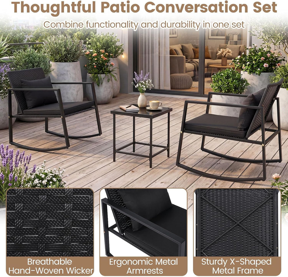 Tangkula 3 Pieces Outdoor Rocking Chairs Set, Rattan Heavy Duty Cushioned Roc...