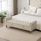 65.7" End of Bed Storage Bench King Size for Bedroom Entryway, Beige | Ottoman with storage for living room, tufted upholstered ottoman bench, wood legs, dual lids, rolled armrest, large capacity