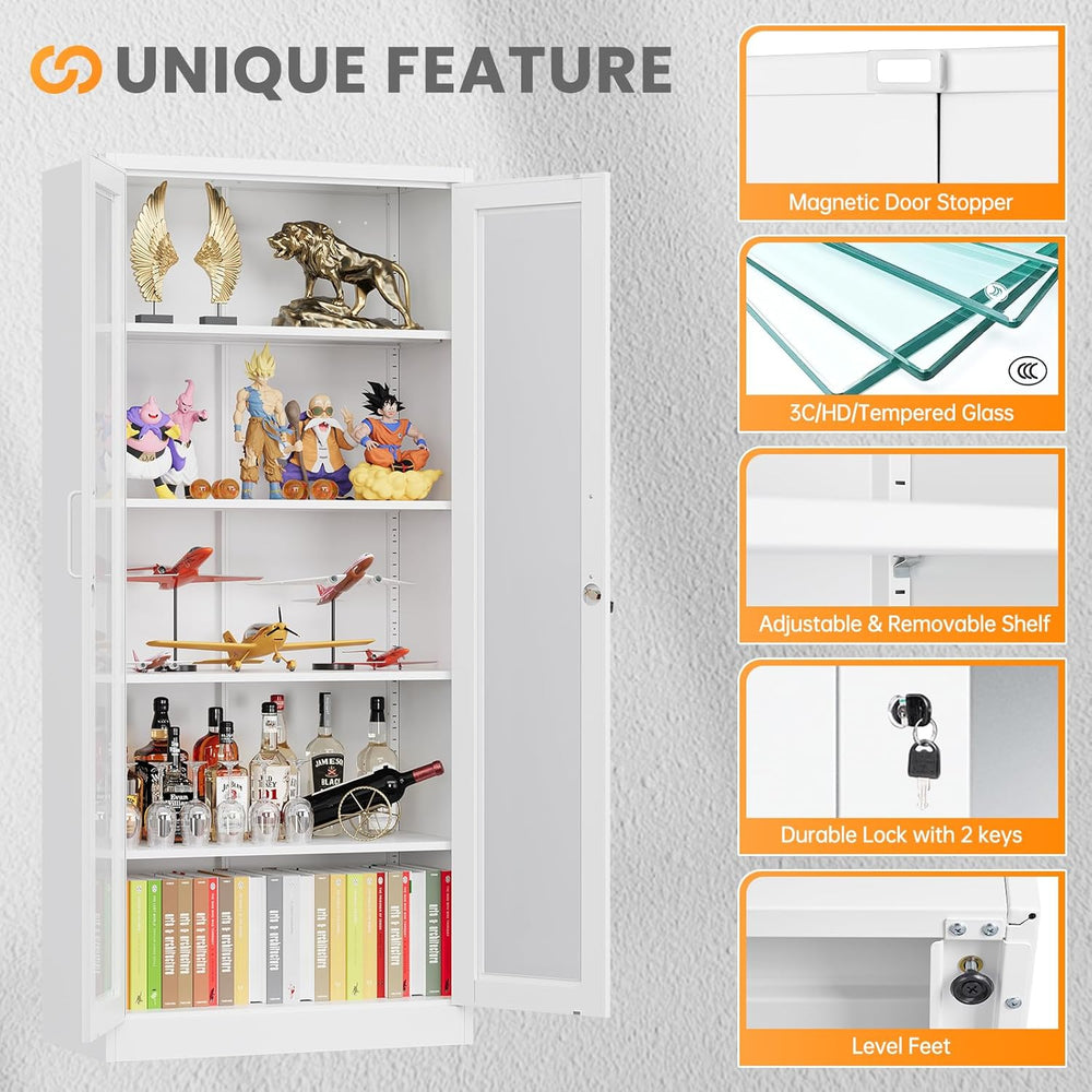 Locking Display Cabinet with Glass Door, 71”H Metal Curio Cabinets with Adjus...