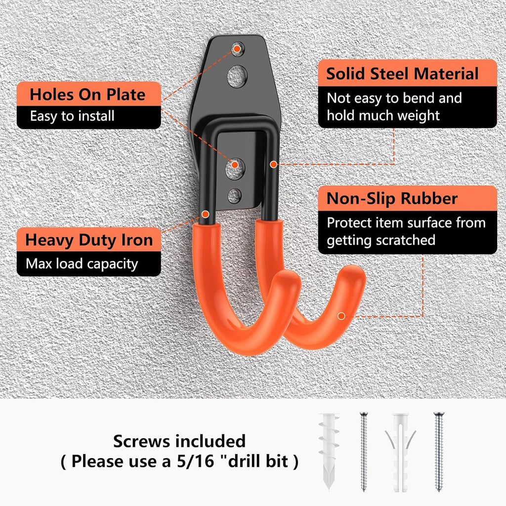 Garage Hooks with Anti-Slip Coating,Heavy Duty Wall Mount Storage Hooks for Hanging Bike,Hose,Ladder,Yard,Garden Tools (8 Pack Orange 4.7x2.6 inch)